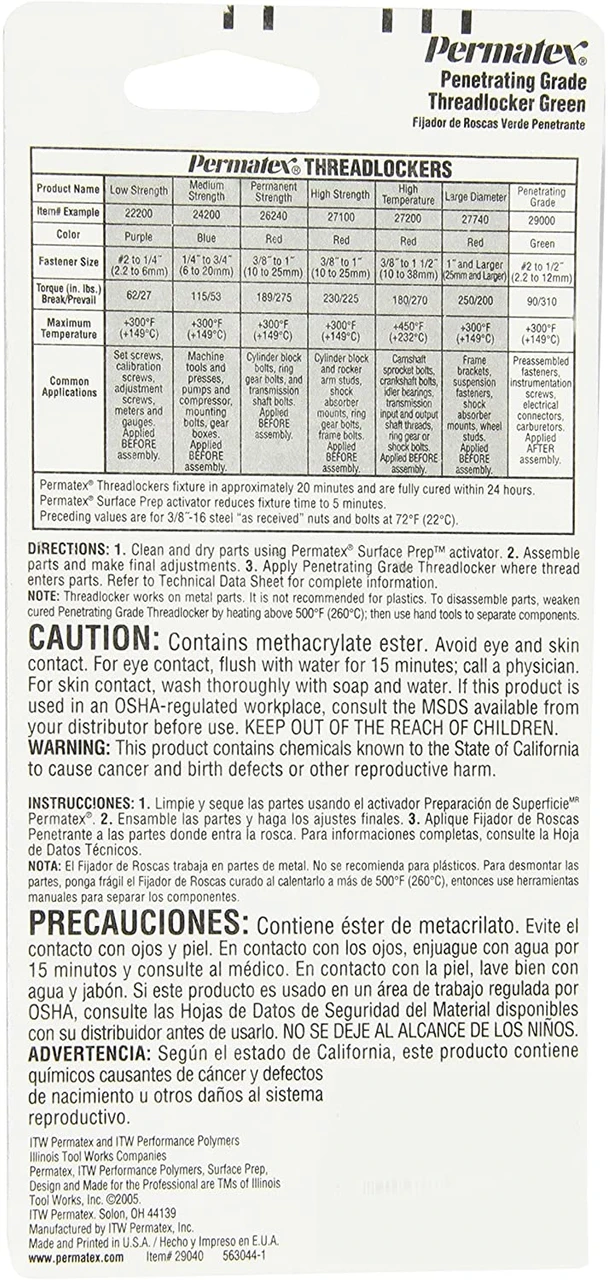 Permatex Penetrating Grade Threadlocker Green Low Viscosity (29040) — product image 2