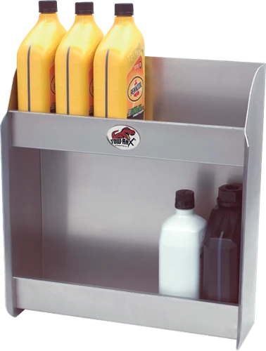 Phoenix SP180CSA open two-tier aluminum oil organizer displaying example bottles