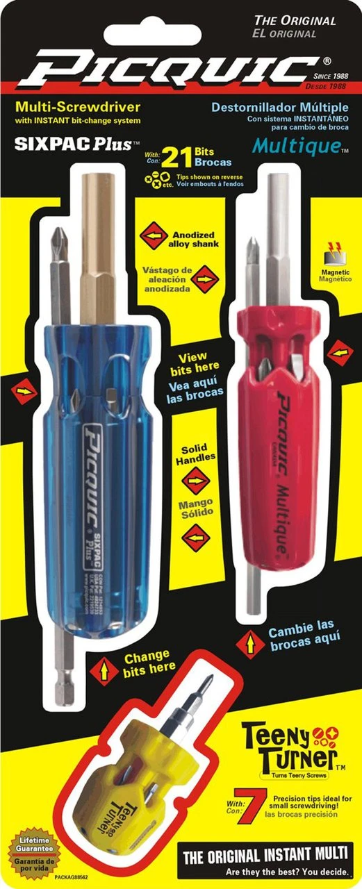 Picquic 88562 Carded Combo Pack with Sixpac Plus, Stubby and Teeny Turner Drivers, Assorted, 3-Piece
