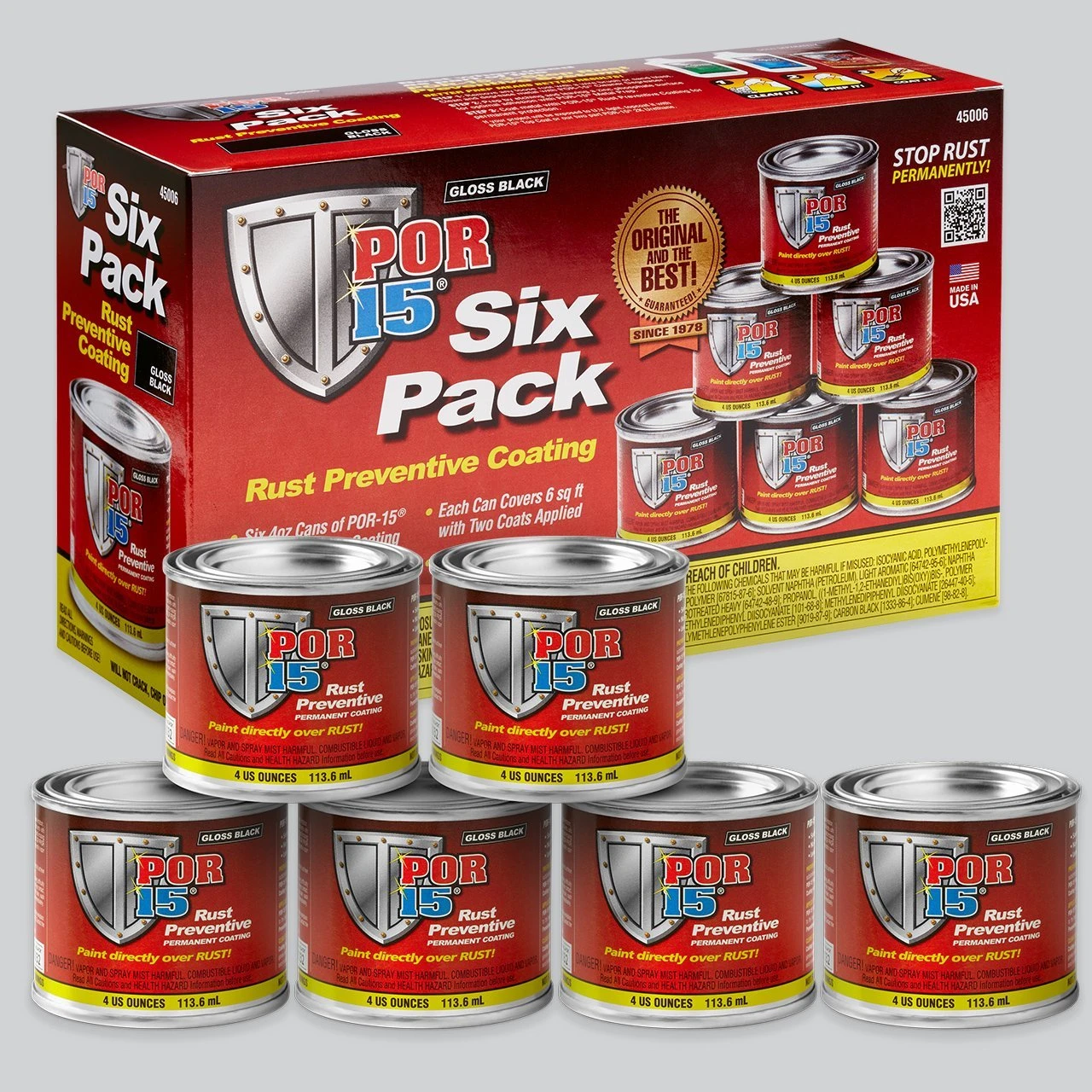POR-15 Six Pack Rust Preventive Coating, Stop Rust and Corrosion Permanently, Anti-rust Protective Barrier, 4 Fluid Ounces, Gloss Black, Pack of 6