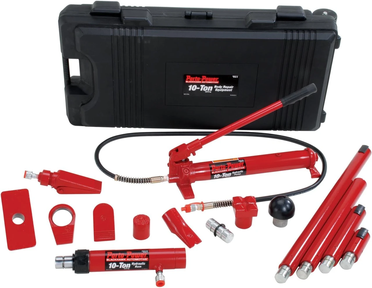Porto-Power red hydraulic pump, ram, spreader and attachments beside black storage case