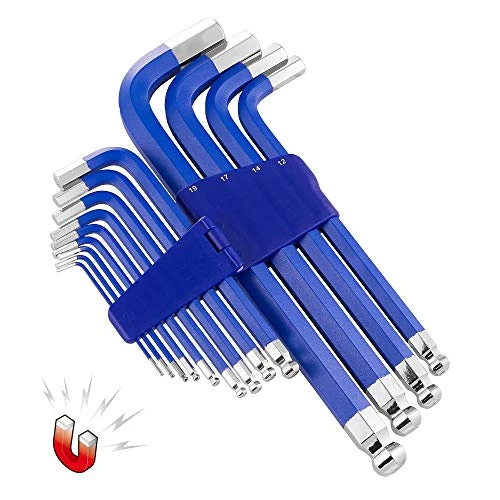 Blue Powerbuilt long L-shaped hex keys arranged in a blue holder