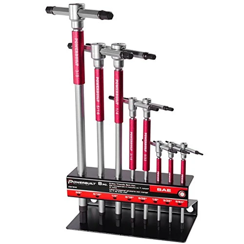 Eight Powerbuilt SAE T-handle hex drivers with red sleeves in a rack