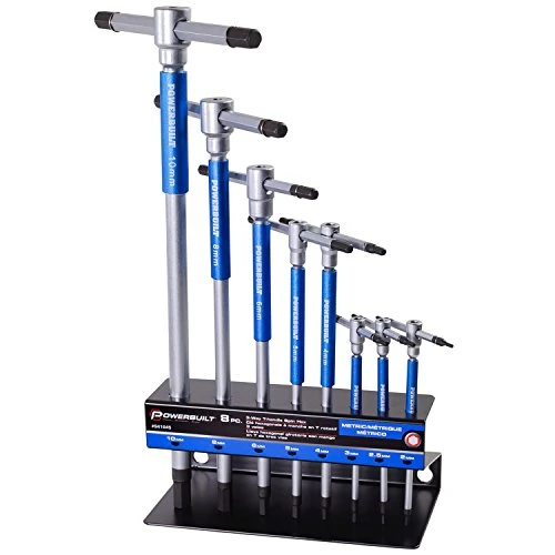 Powerbuilt 941645 sliding T-handle hex keys with blue speed sleeves in a rack