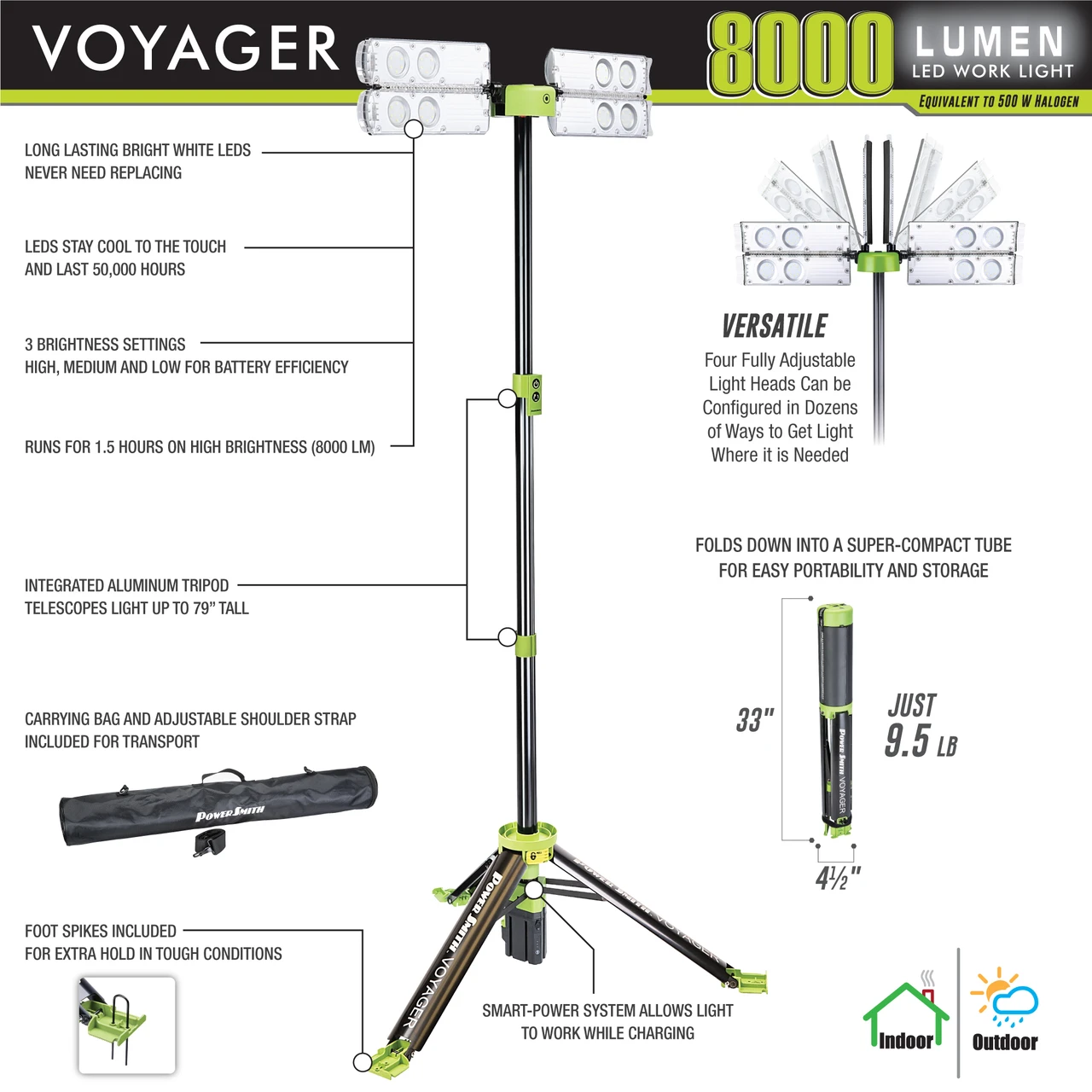 PowerSmith Voyager 8000 Lumen Cordless Tripod LED Light, BARE Light Only, 3-Way Power (PVLR8000A-C) — product image 4