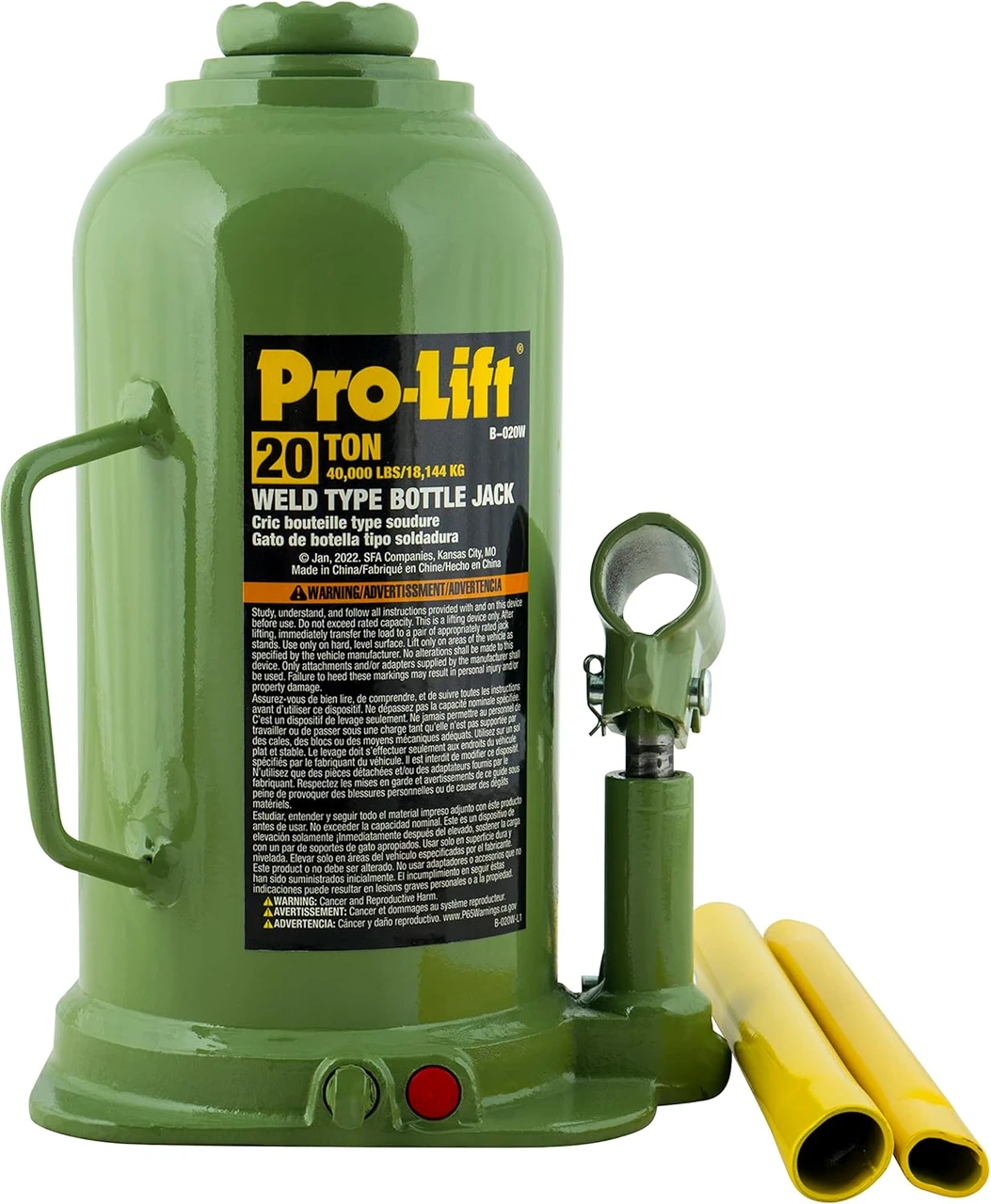 Pro-Lift green bottle jack marked20TON with side pump and two yellow handle sections