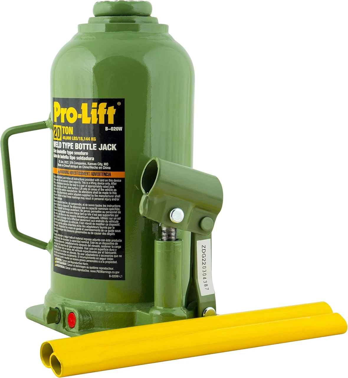 Pro-Lift Welded Bottle Jack - 20 Ton (40,000 Lbs) Capacity, Hydraulic Lifting With Side Pump, Two-Piece Handle (B-020W) — product image 3