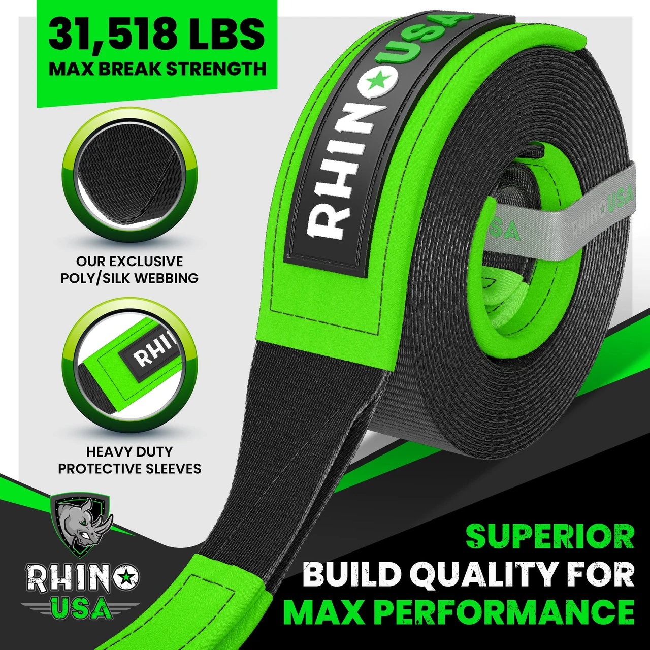 Rhino USA Recovery Tow Strap 3inx20ft (Black) (G-TOWSTRAP) — product image 3