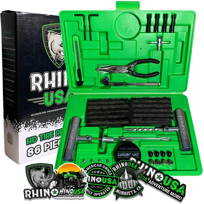 Rhino USA tire repair tools and plugs in an open green case
