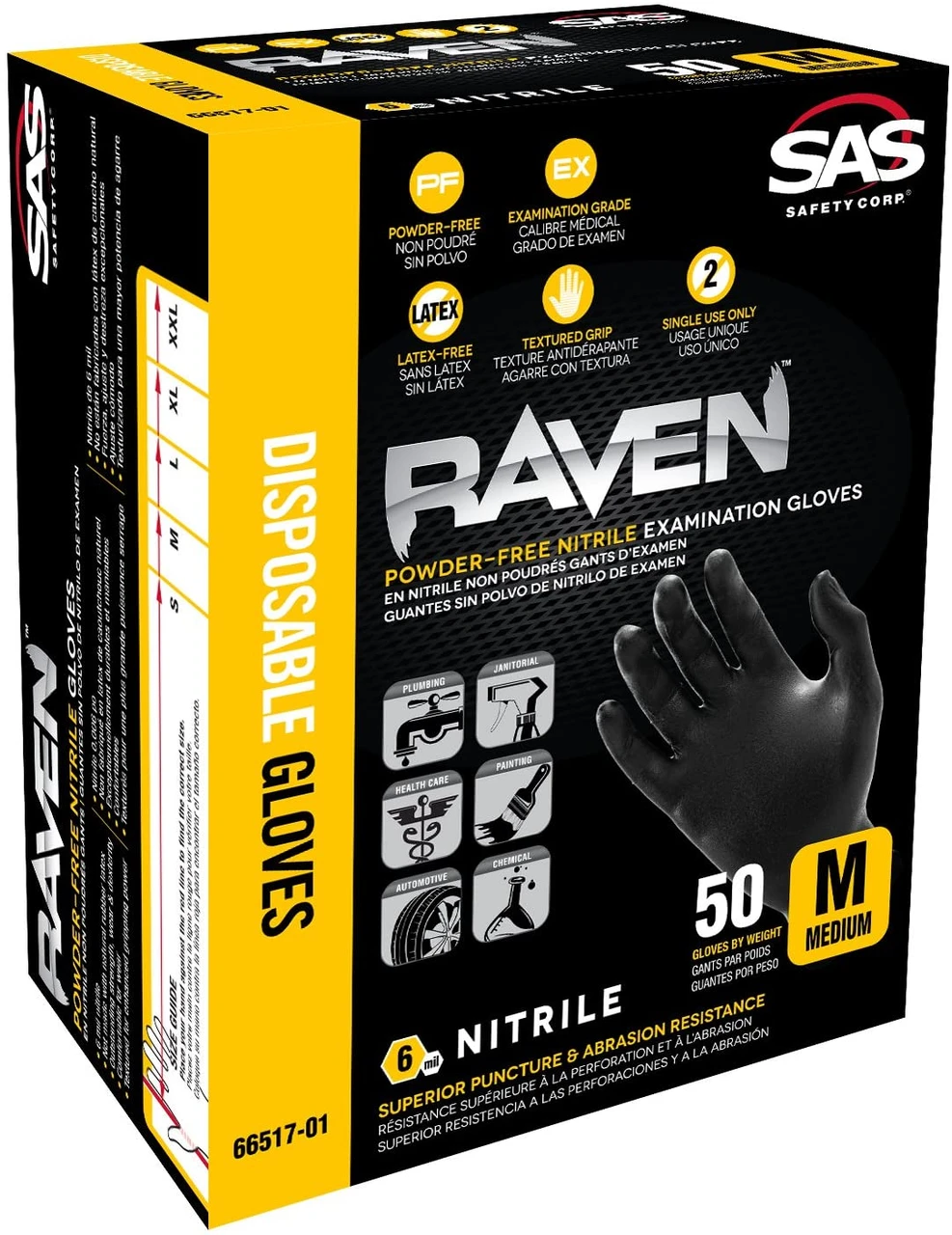 SAS Safety 66517-01 Extra Strength Disposable Gloves, Medium, Nitrile, Black — product image 2
