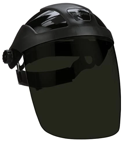 Sellstrom black-crown face shield with dark curved window and adjustable headgear