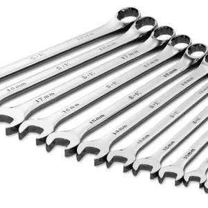 Twelve SK polished metric combination wrenches arranged by size