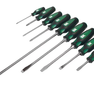 Nine SK CushionGrip screwdrivers with green-black handles and varied blade lengths