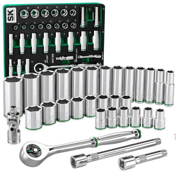SK Tools Socket Set - Chrome, Standard & Deep, Metric, 6 Point, 3/8" Drive, 31 Piece (SK01308-216P)