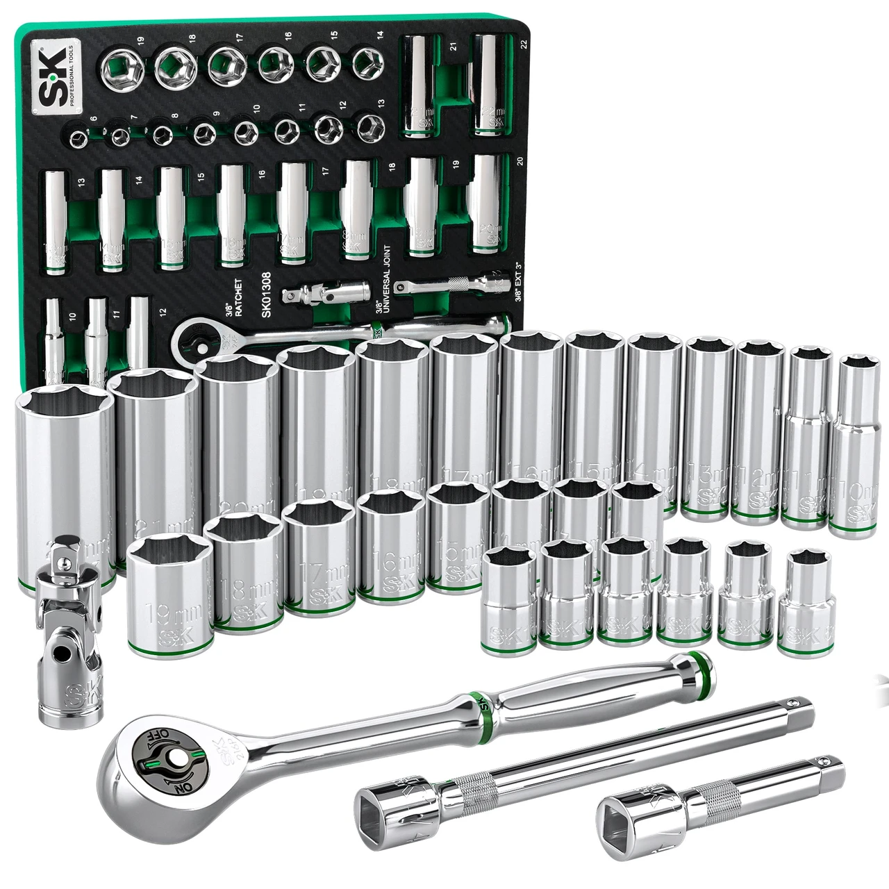 SK Tools Socket Set - Chrome, Standard & Deep, Metric, 6 Point, 3/8" Drive, 31 Piece (SK01308-216P)