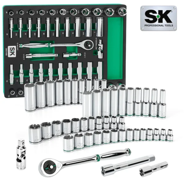 SK Tools Socket Set - Chrome, Standard & Deep, Sae & Metric, 6 Point, 1/2" Drive, 49 Piece (SK01456-216P)
