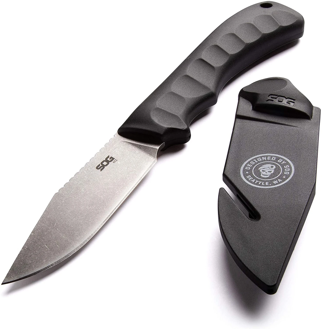 SOG ACE Fixed 3.8" Stonewashed Plain Blade Textured Handle (SOG-ACE1001-CP)