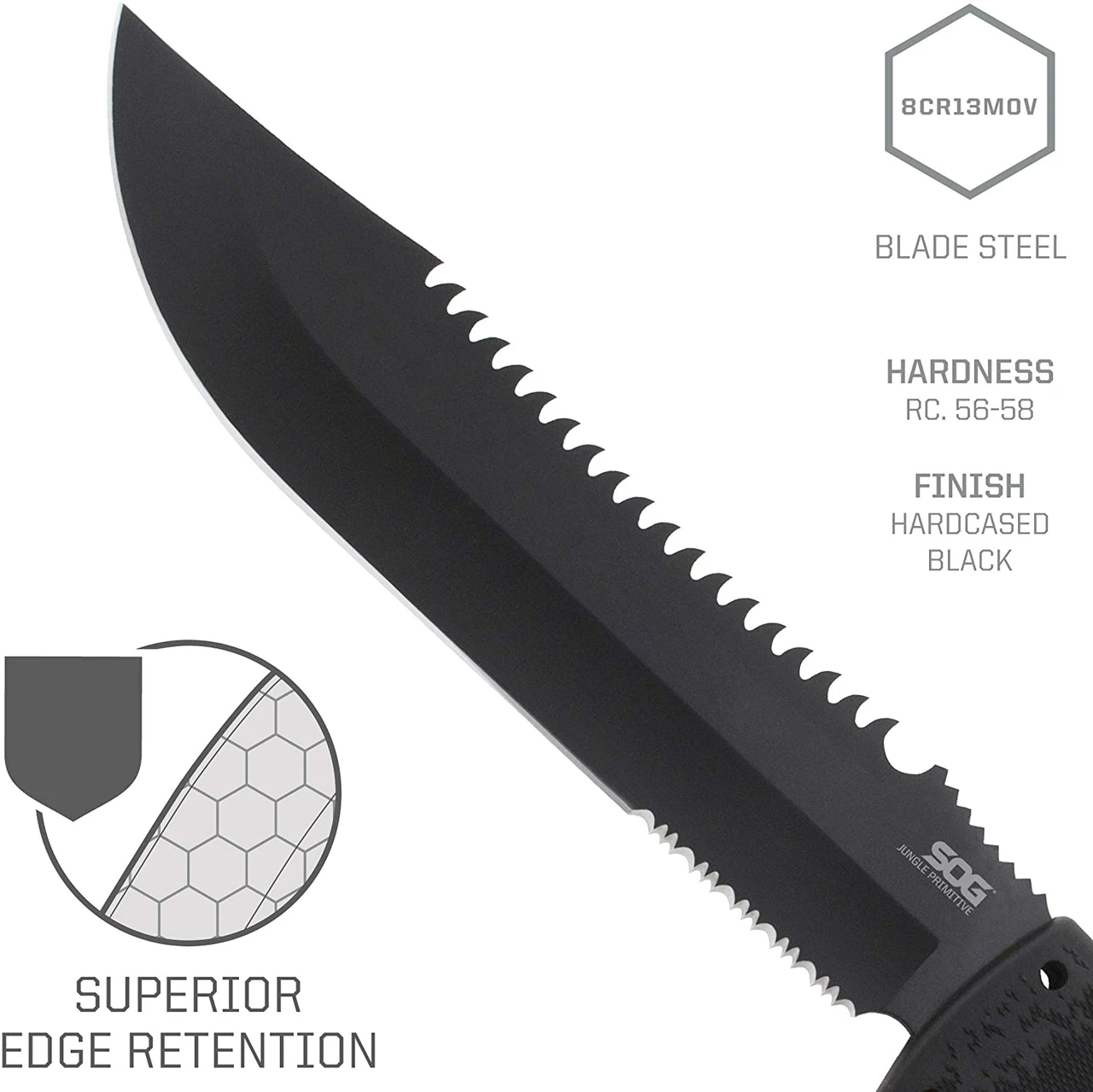 SOG Jungle Primitive Fixed 9.5" Black Sawback Blade Kraton Handles (SOG-F03TN-CP) — product image 3