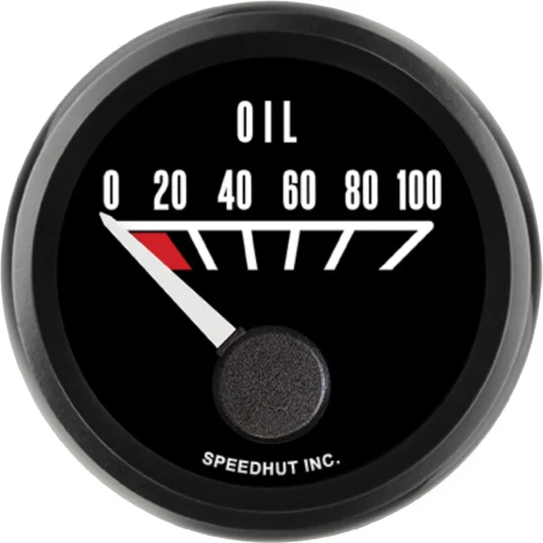 Speedhut Pontiac-style black oil pressure dial marked0 to100PSI
