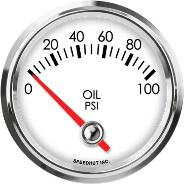Speedhut white0–100PSI short-sweep oil gauge with bottom pointer pivot