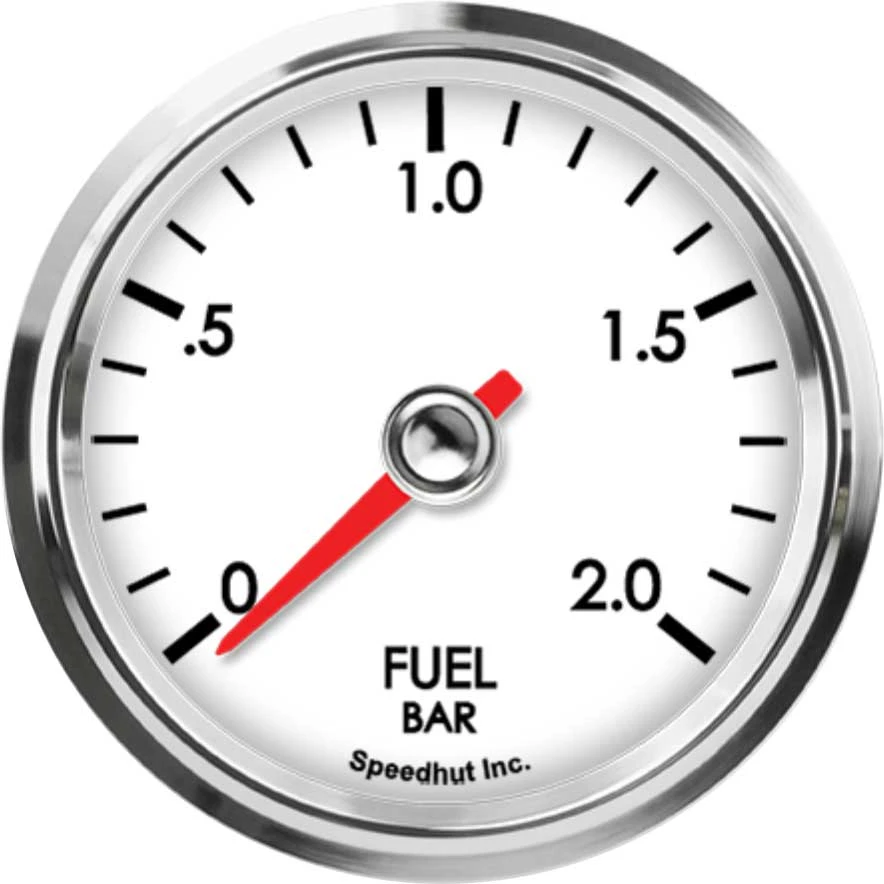 Speedhut L25-FP6-LEG white fuel pressure dial marked 0 to 2 bar