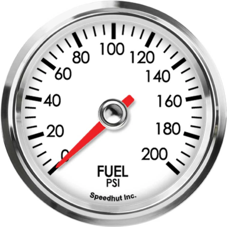 Speedhut L25-FP5-LEG white fuel pressure dial marked 0 to 200 PSI