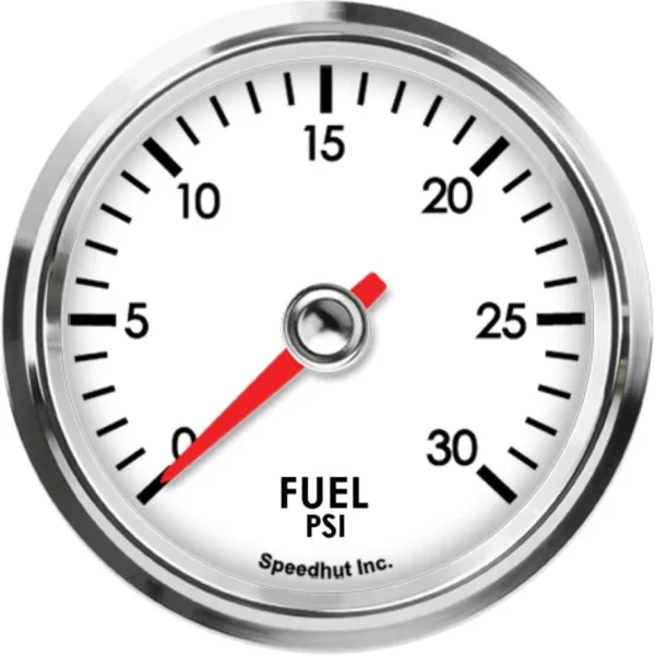 Speedhut L25-FP2-LEG white fuel pressure dial marked 0 to 30 PSI