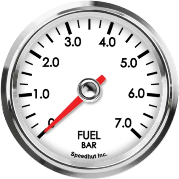 Speedhut L25-FP7-LEG white fuel pressure dial marked 0 to 7 bar