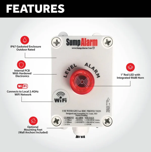 Sump Alarm WiFi 33' Float High Water Alarm (SA-120V-1L-33F-WIFI)