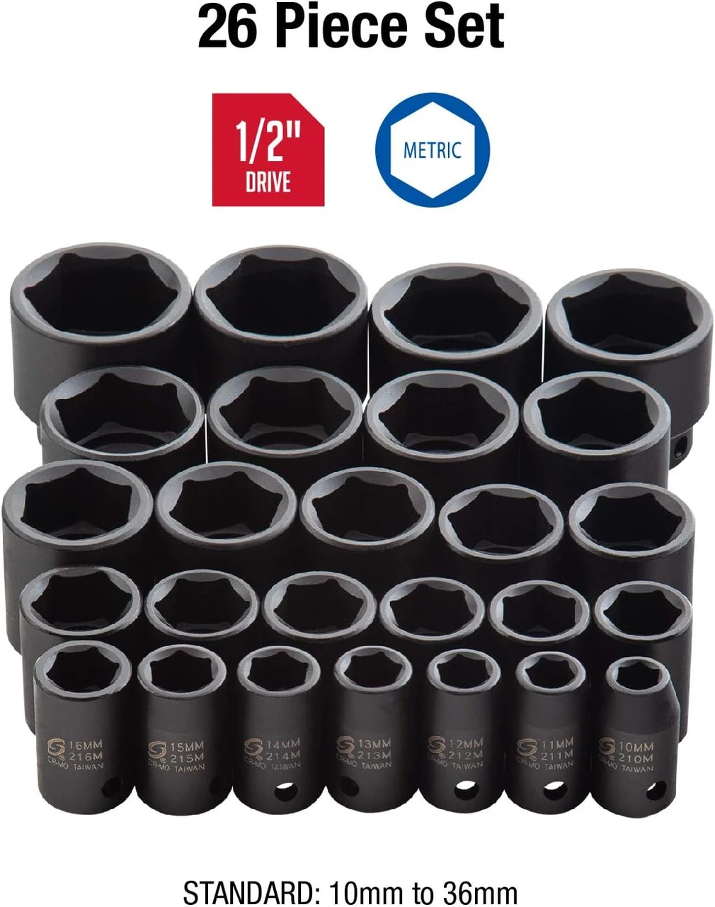 Sunex 26 Pc. Metric Impact Socket Set 1/2" Dr. (2645) — product image 2