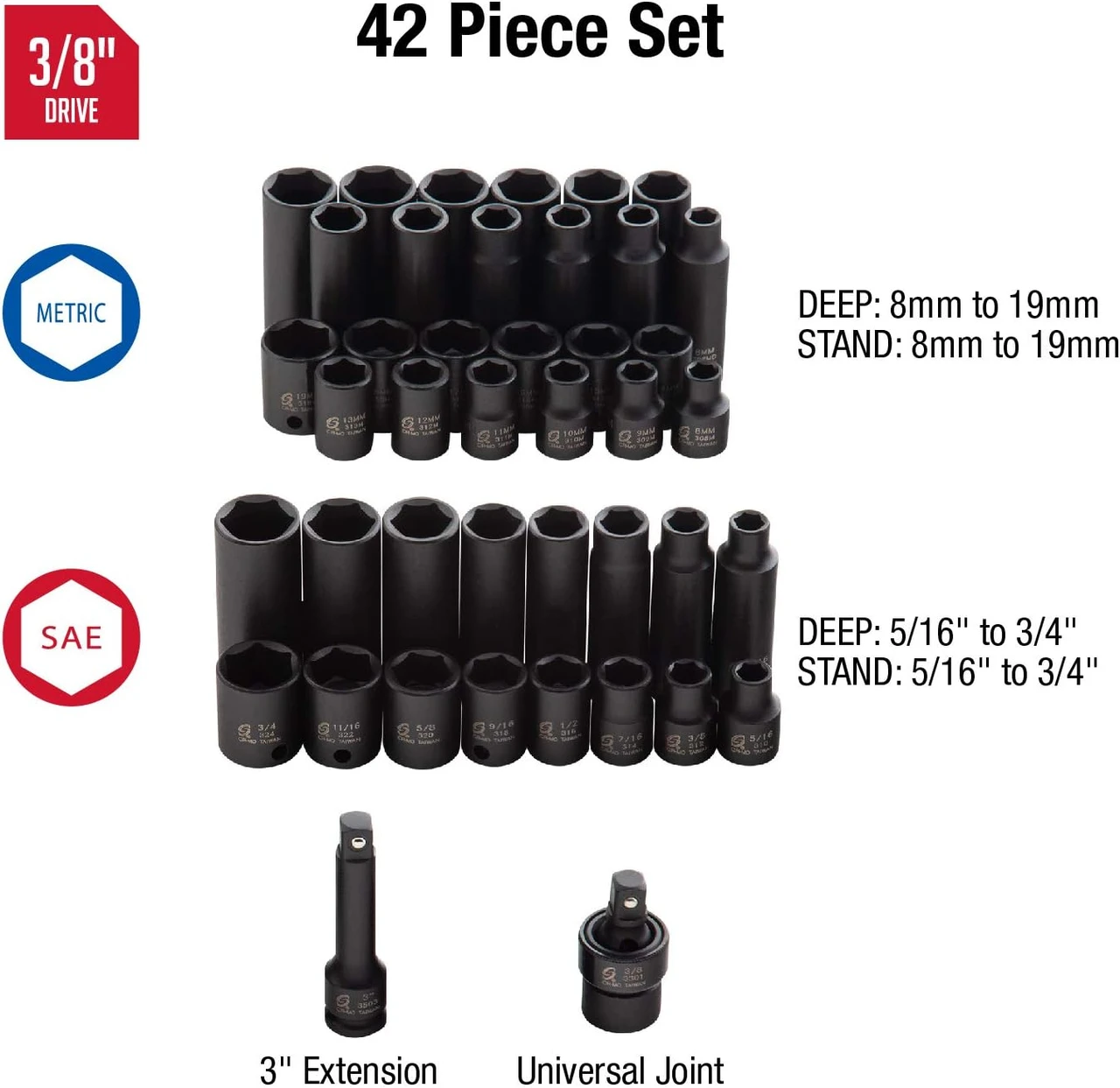 Sunex 42pc 3/8" Standard & Deep Length Impact Socket Set (3342) — product image 2
