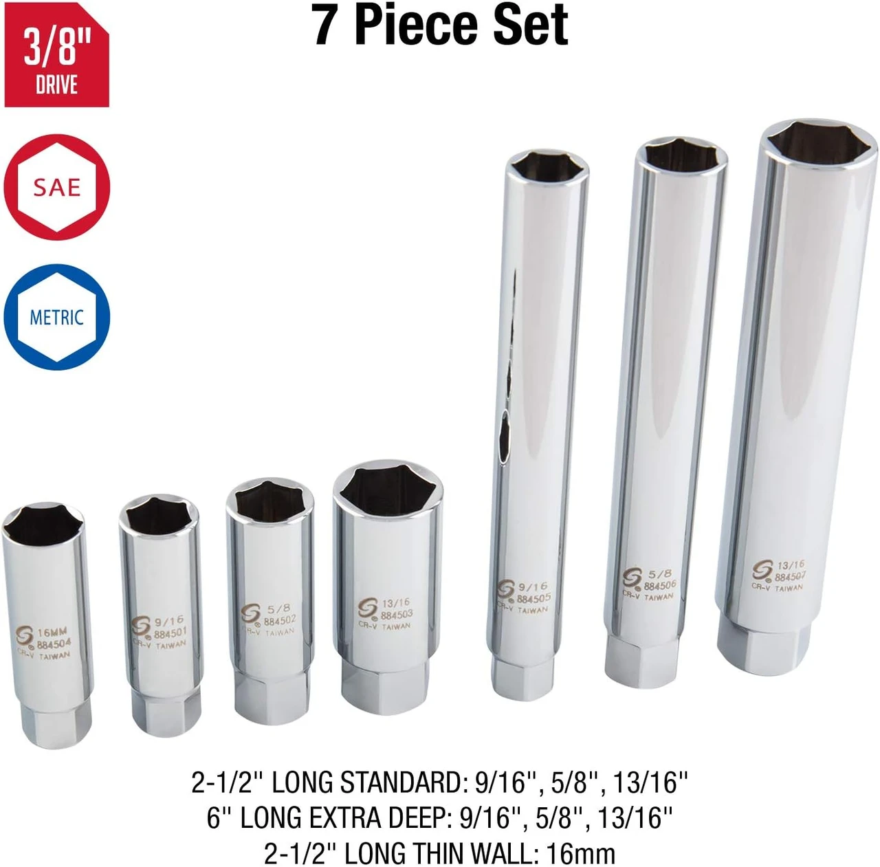 Sunex 3/8" Dr. 7 Pc. Master Spark Plug Socket Set (8845) — product image 2