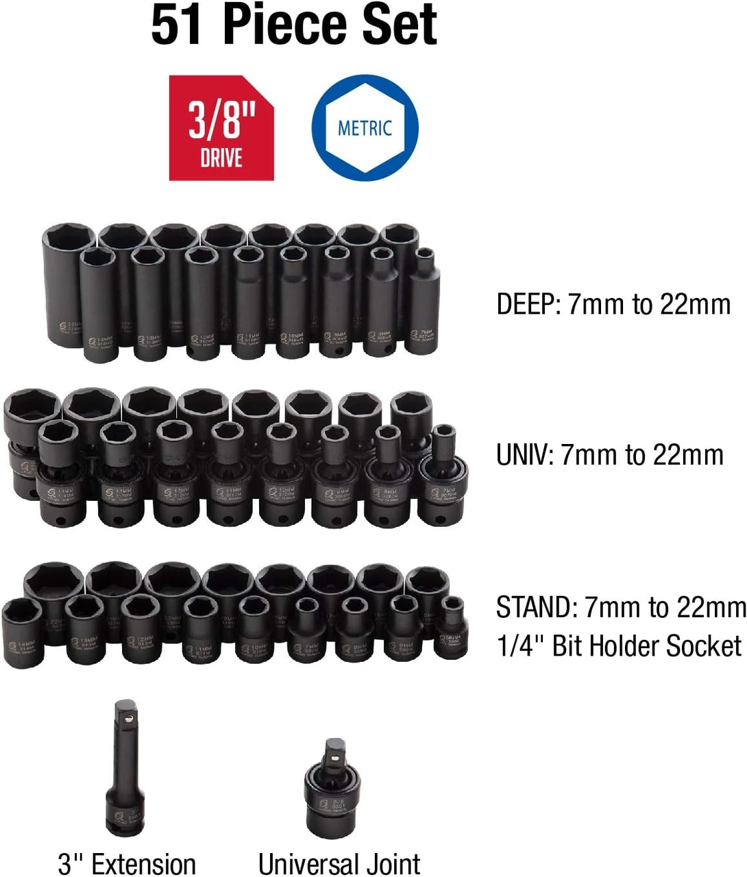 Sunex Tools 51 Piece Metric Master Impact Socket Set, 3/8" Drive (3351) — product image 2