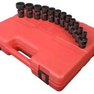 Sunex 3690 universal impact sockets arranged on a red carrying case