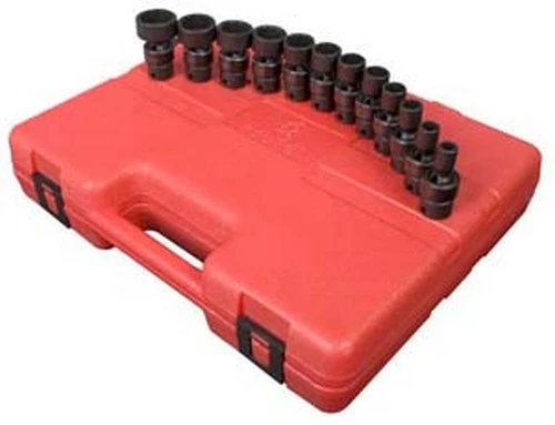 Sunex 3690 universal impact sockets arranged on a red carrying case