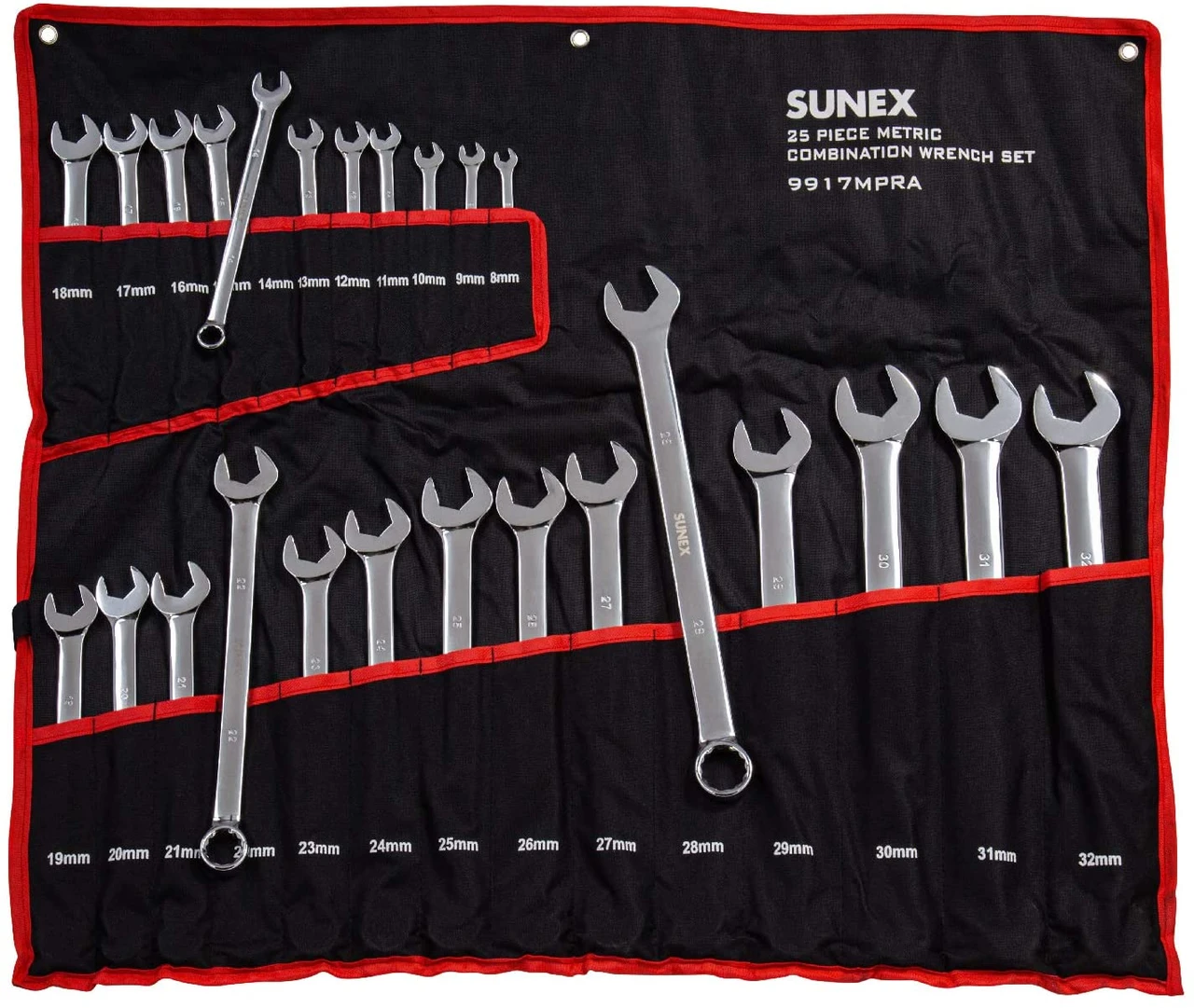 Sunex metric combination wrenches arranged in a black-red storage roll