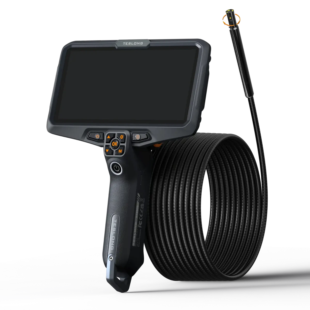 Teslong handheld inspection monitor with coiled cable and slim camera probe