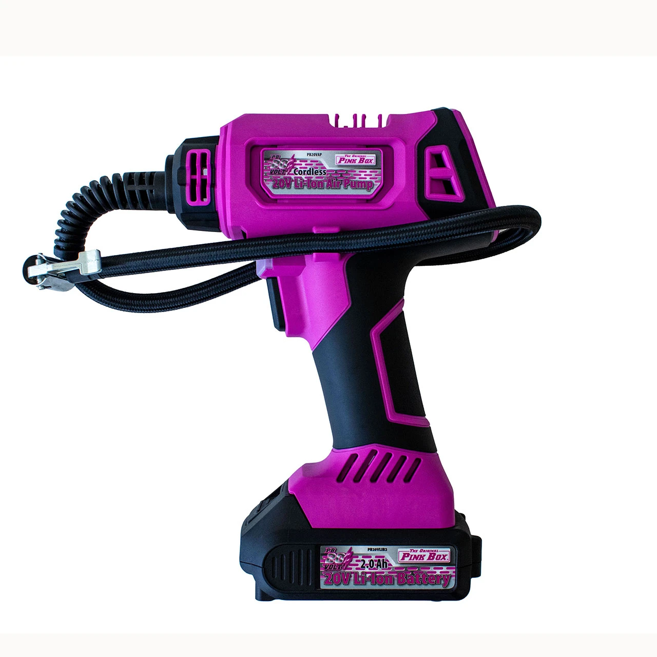 Original Pink Box pink handheld inflator with hose and battery installed