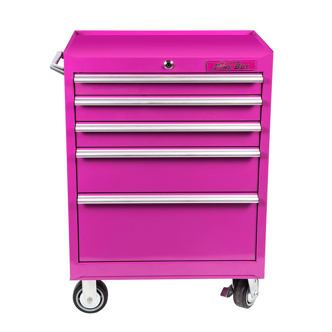 Pink PB2605RSC five-drawer rolling tool cabinet with silver pulls, side handle and casters