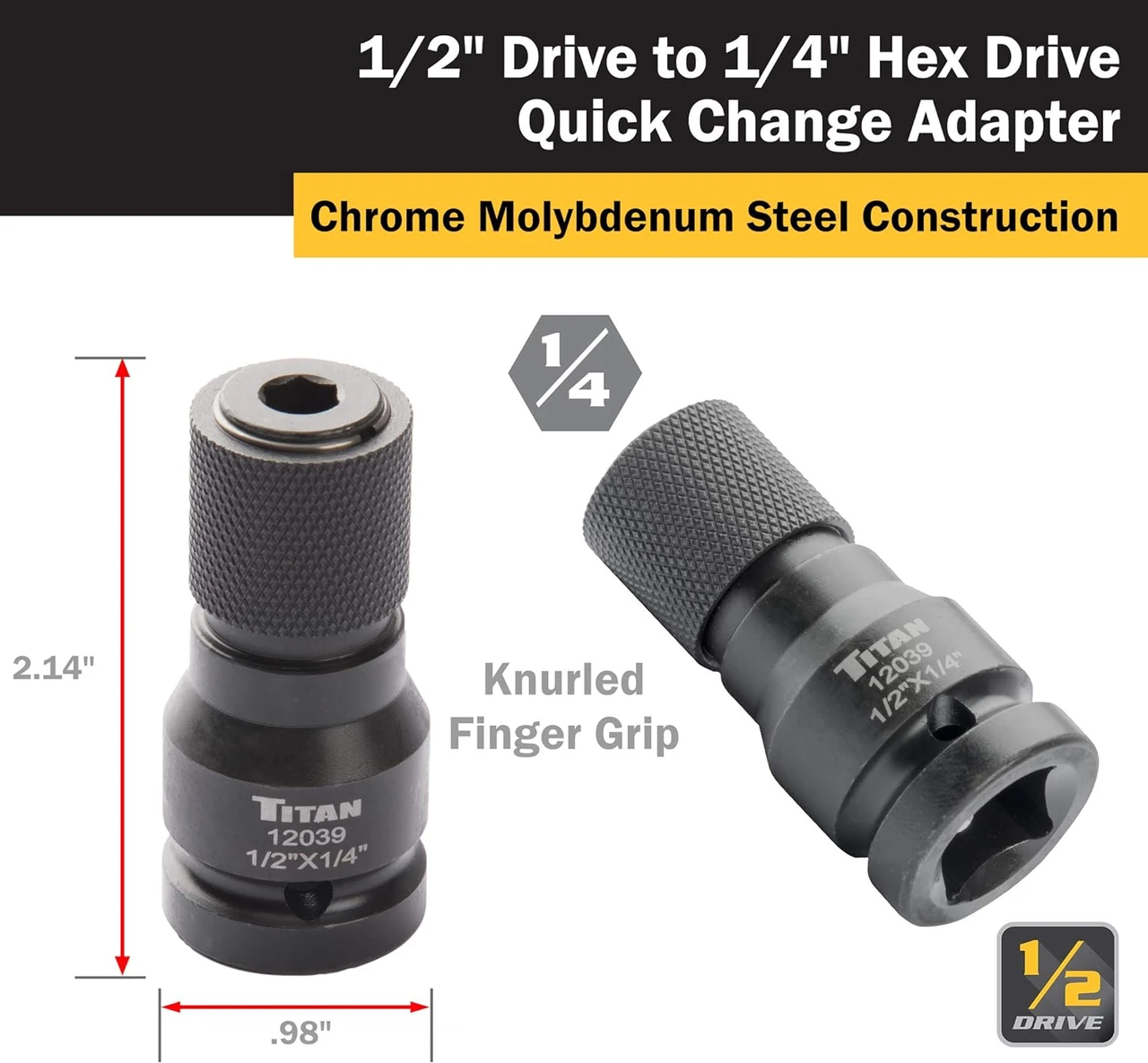 Titan Tools 1/2" Drive To 1/4" Hex Drive Quick Change Adapter (12039) — product image 2