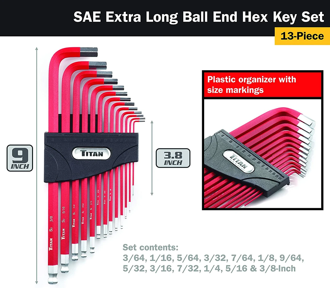 Titan Tools Ball End Hex Key Wrench Set SAE 13-Piece (12713) — product image 2