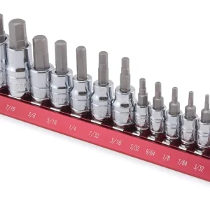 Titan 16123 SAE hex bit sockets arranged on a red storage rail