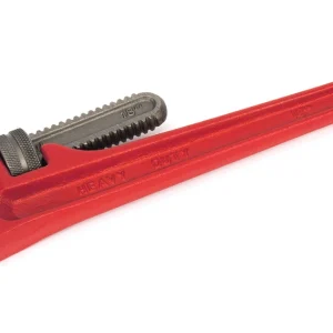 Titan straight pipe wrench with red body and toothed adjustable jaws
