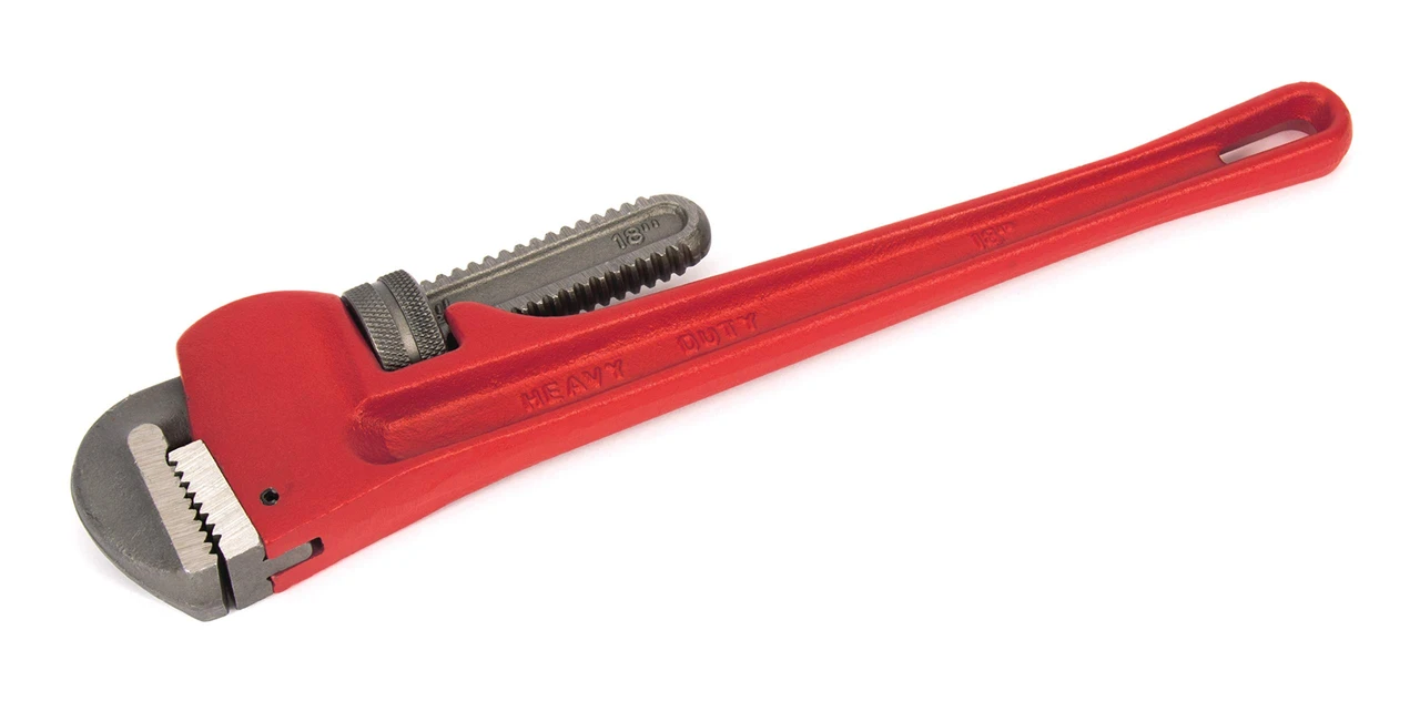Titan straight pipe wrench with red body and toothed adjustable jaws
