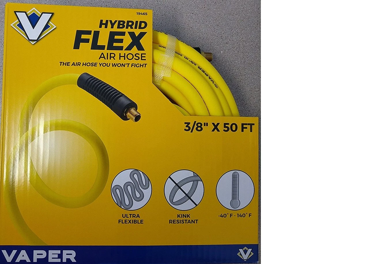 Yellow Vapor Hybrid Flex air hose package labeled 3/8 inch x 50 feet