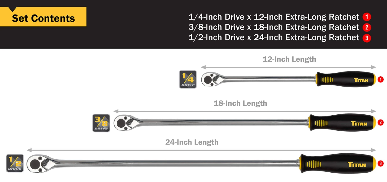 Titan Tools 3pc Extra-Long Ratchet Set (11307) — product image 2