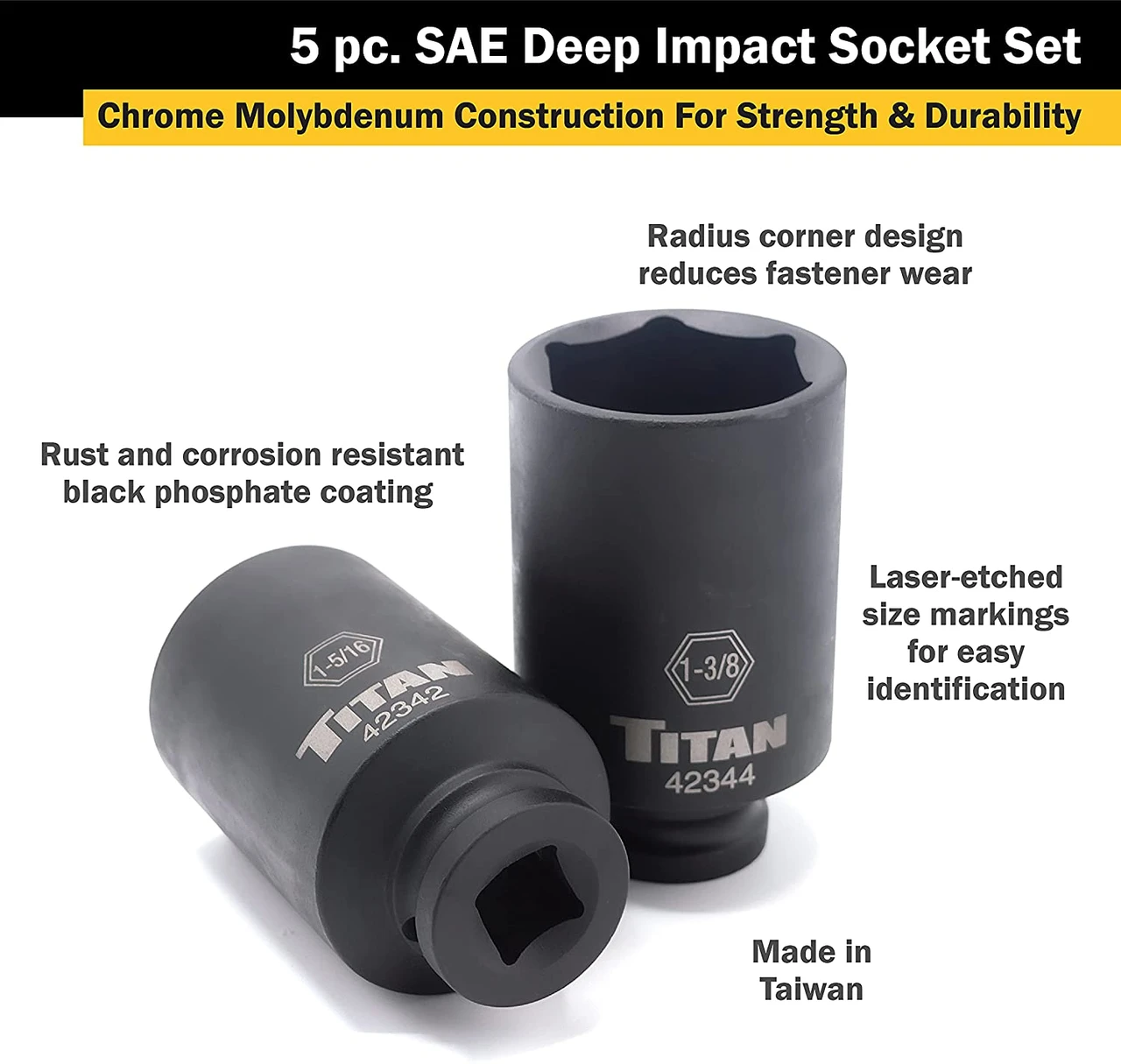 Titan Tools SAE Deep Impact Socket Set 1/2" Drive 5-Piece (42806) — product image 2