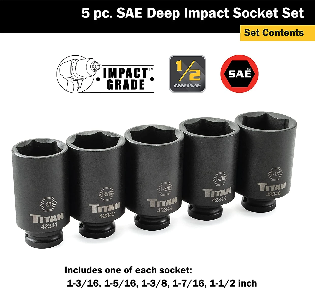 Titan Tools SAE Deep Impact Socket Set 1/2" Drive 5-Piece (42806) — product image 3