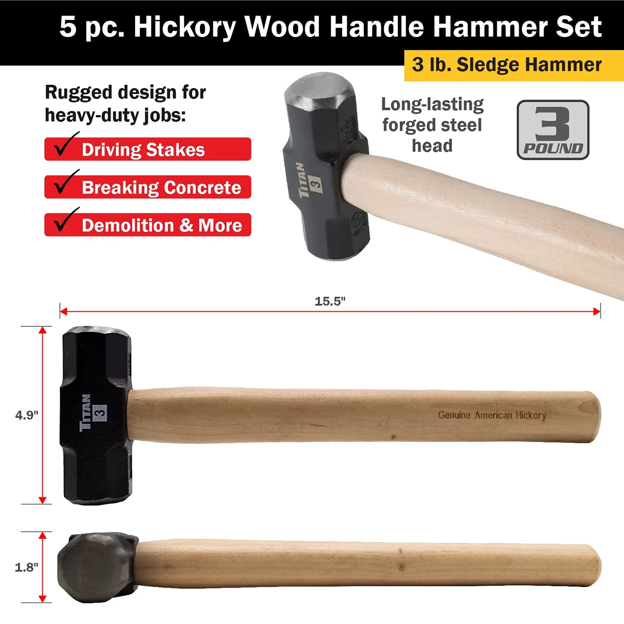 Titan Tools 5pc Hickory Wood Handle Hammer Set (85070) — product image 4