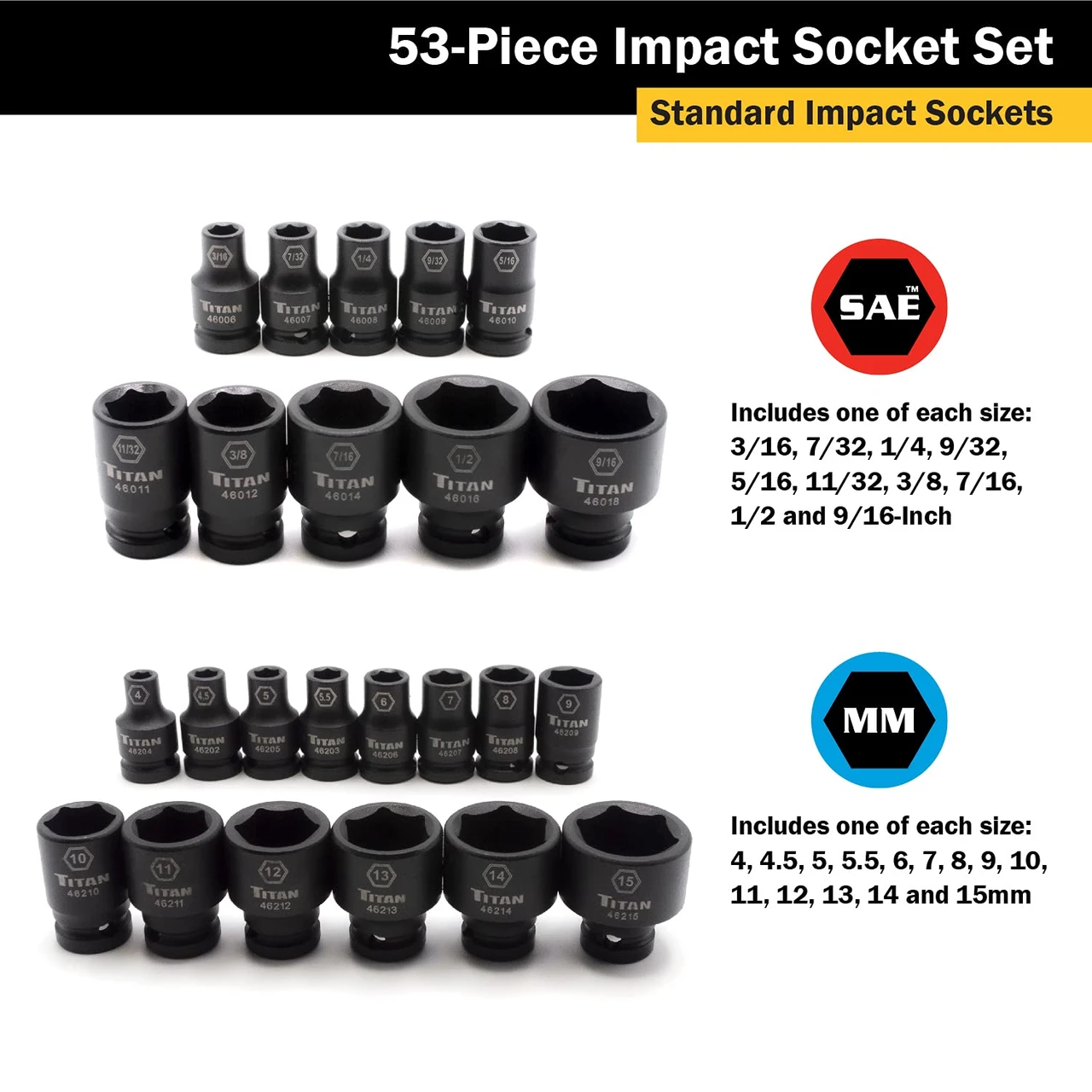 Titan Tools SAE and Combination Impact Socket Set 53-Piece 1/4" Drive (46053) — product image 3